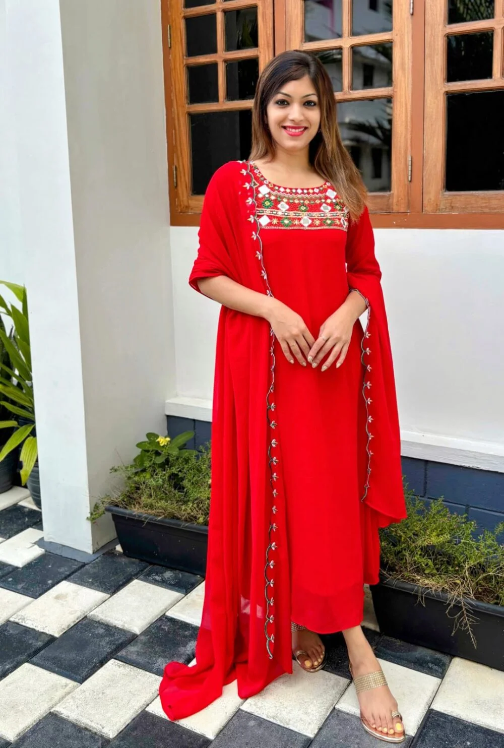 Heavy Mirror And Thread Embroidery Designer Top and Scallop Shawl