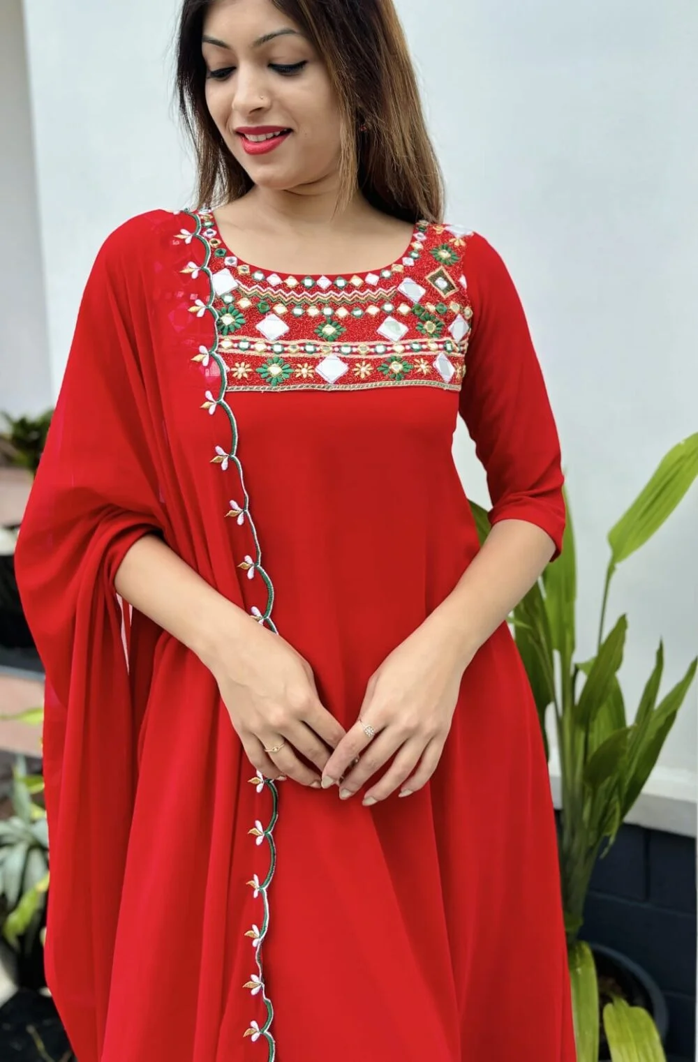 Heavy Mirror And Thread Embroidery Designer Top and Scallop Shawl - Image 3