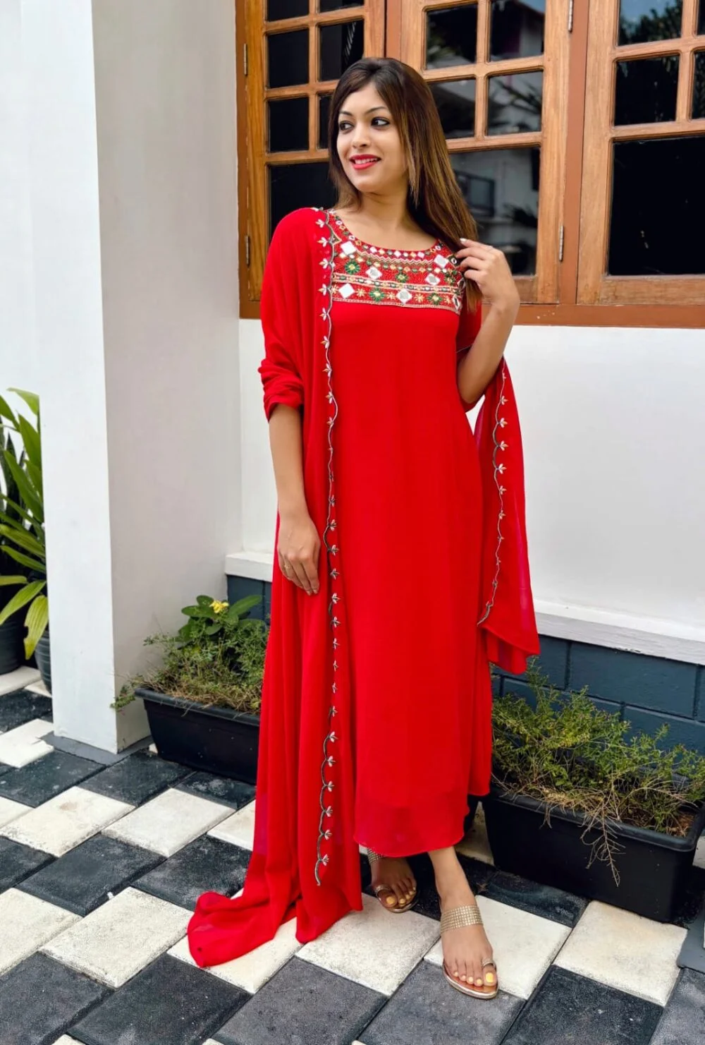 Heavy Mirror And Thread Embroidery Designer Top and Scallop Shawl - Image 2