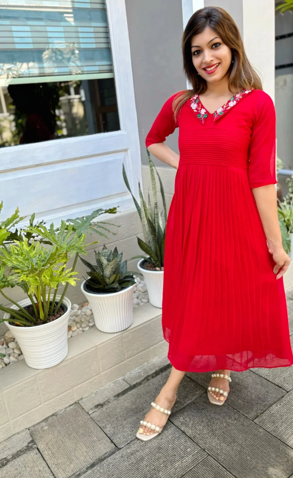 Pleated Model Thread Embroidery Designer Aline Top - Image 3