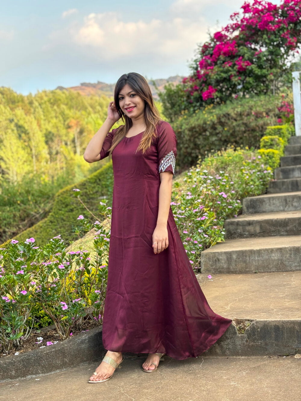 Designer Silky Georgette Aline Top With Sleeves Mirror Worked - Image 2