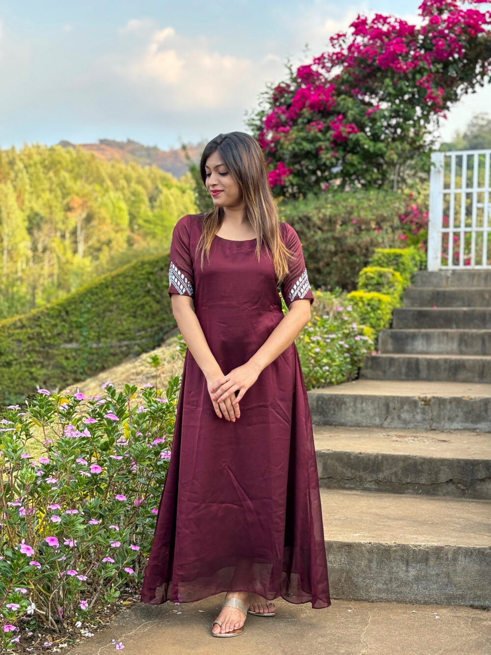Designer Silky Georgette Aline Top With Sleeves Mirror Worked