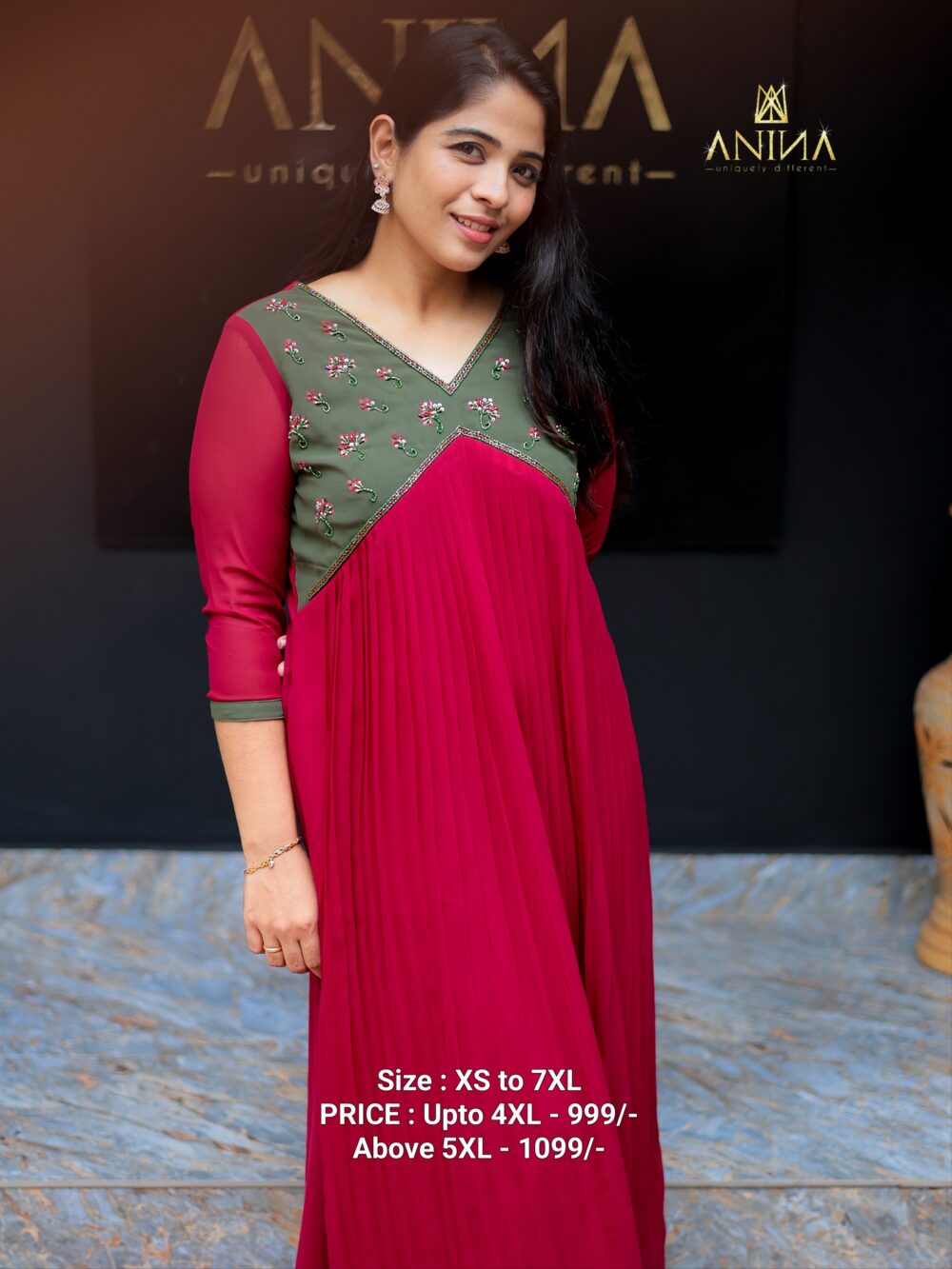 Heavy Handworked Aline top Colour Mehandi Green And Rani pink