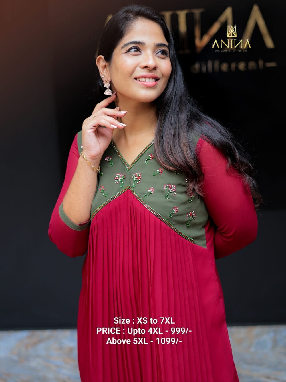 Heavy Handworked Aline top Colour Mehandi Green And Rani pink - Image 2